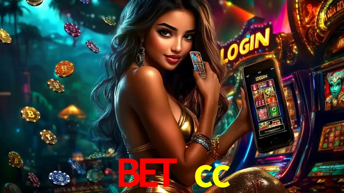 Mulher em um cenário de cassino temático de aventura, mostrando o app de caça-níqueis da bet cc no celular. Fichas de apostas flutuam ao redor.