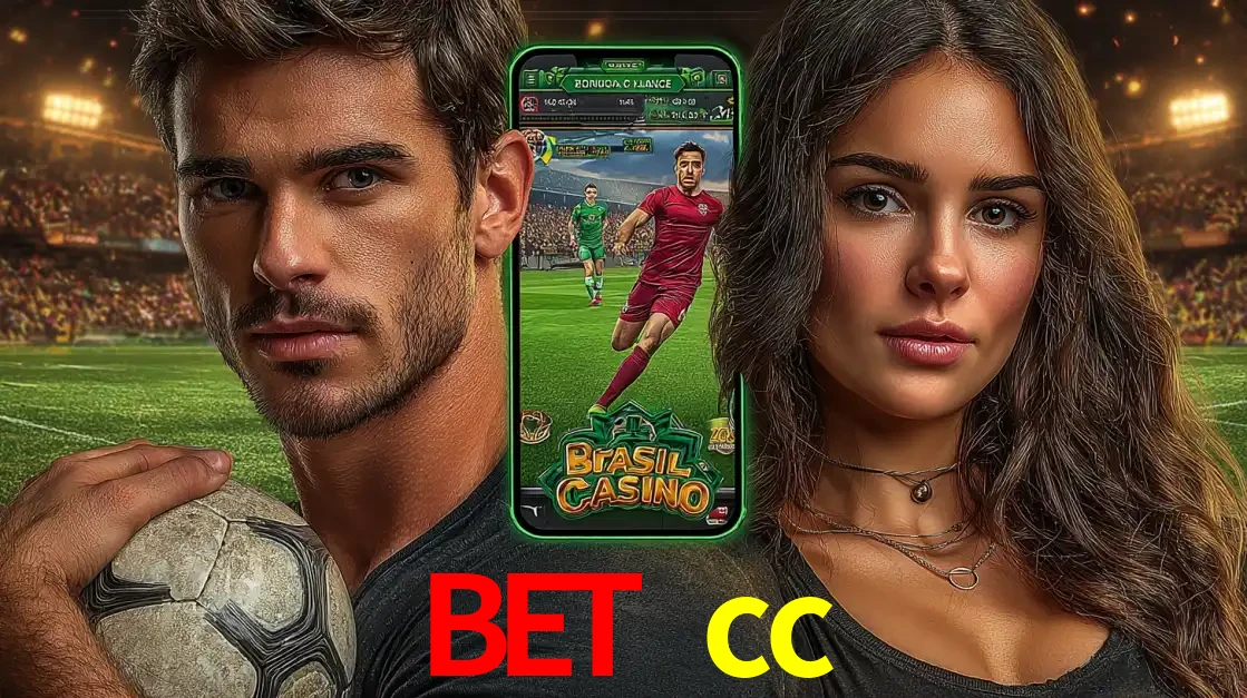 Homem segurando uma bola de futebol e uma mulher ao lado de um smartphone exibindo o jogo de apostas esportivas da bet cc. Faça seu palpite no cassino online.